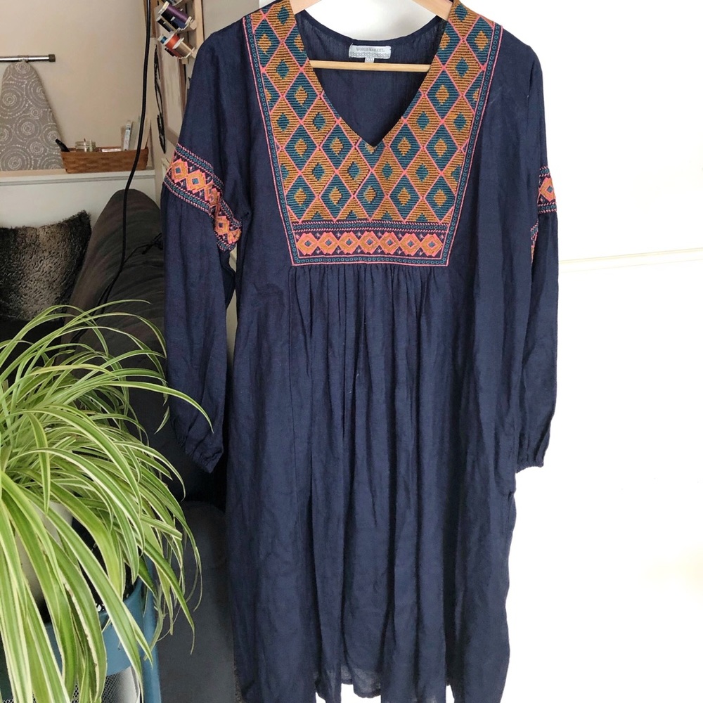 World Market Navy Blue Embroidery Midi Dress